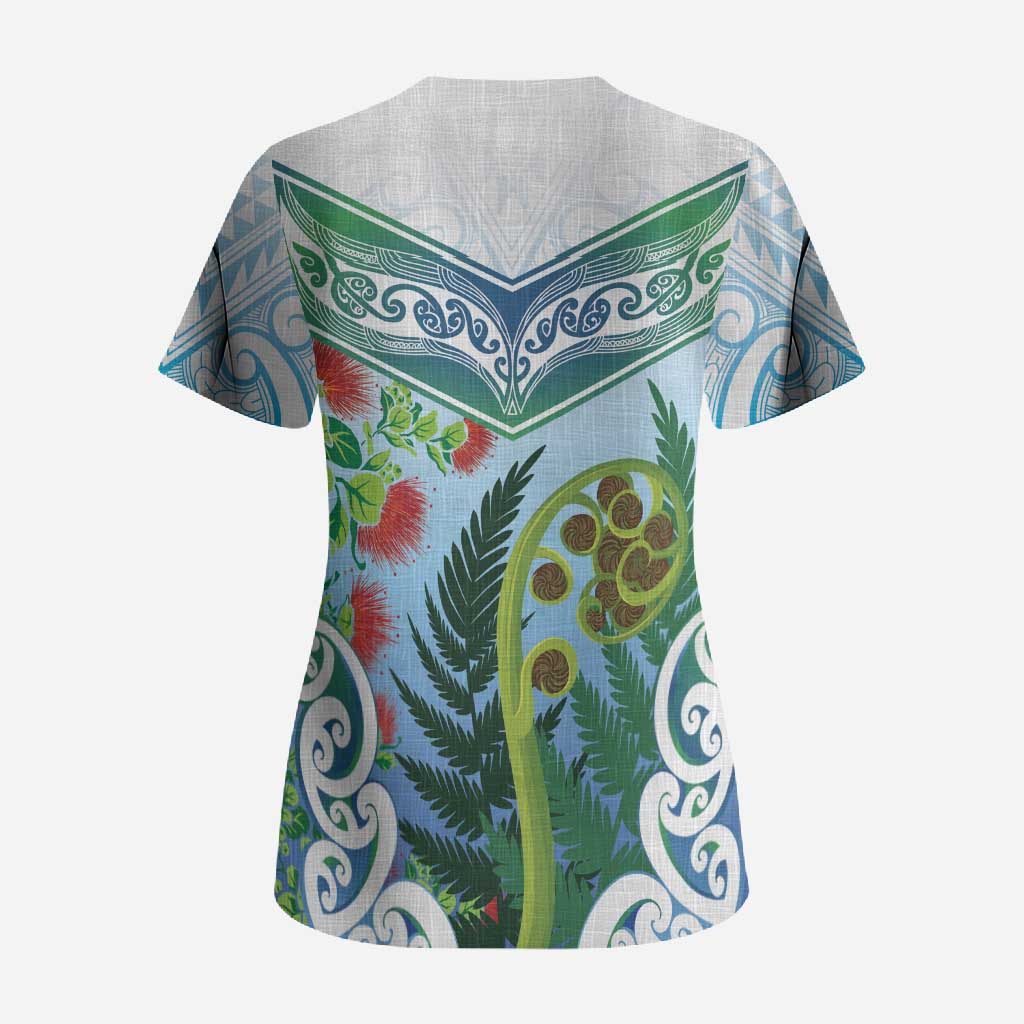 Aotearoa New Zealand Natural Plants Scrub Top Pohutukawa with Silver Ferns Koru Frond Maori Tattoos