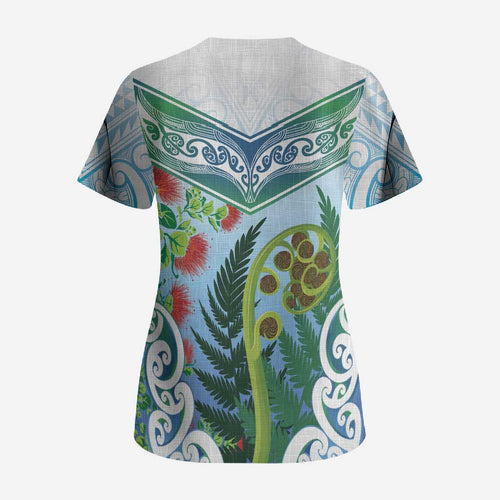 Aotearoa New Zealand Natural Plants Scrub Top Pohutukawa with Silver Ferns Koru Frond Maori Tattoos