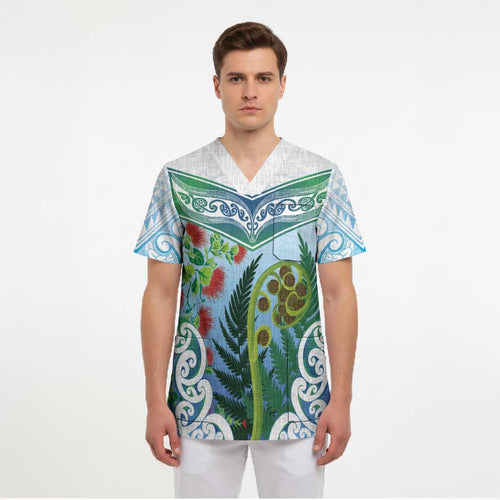 Aotearoa New Zealand Natural Plants Scrub Top Pohutukawa with Silver Ferns Koru Frond Maori Tattoos