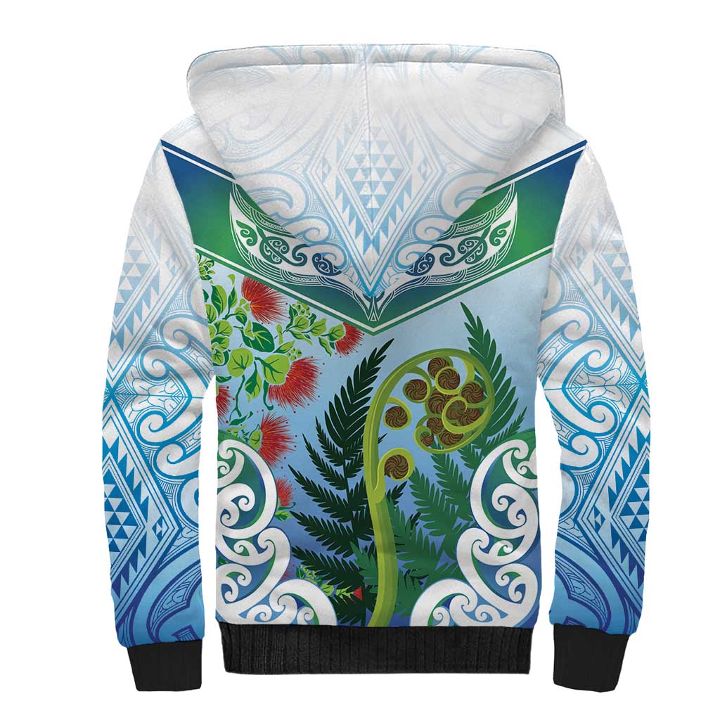 Aotearoa New Zealand Natural Plants Sherpa Hoodie Pohutukawa with Silver Ferns Koru Frond Maori Tattoos