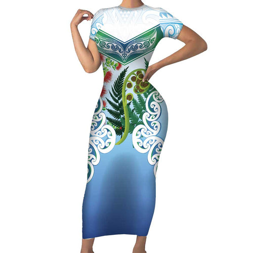 Aotearoa New Zealand Natural Plants Short Sleeve Bodycon Dress Pohutukawa with Silver Ferns Koru Frond Maori Tattoos