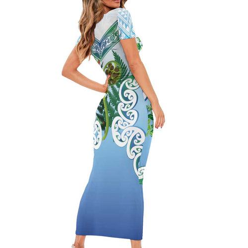 Aotearoa New Zealand Natural Plants Short Sleeve Bodycon Dress Pohutukawa with Silver Ferns Koru Frond Maori Tattoos