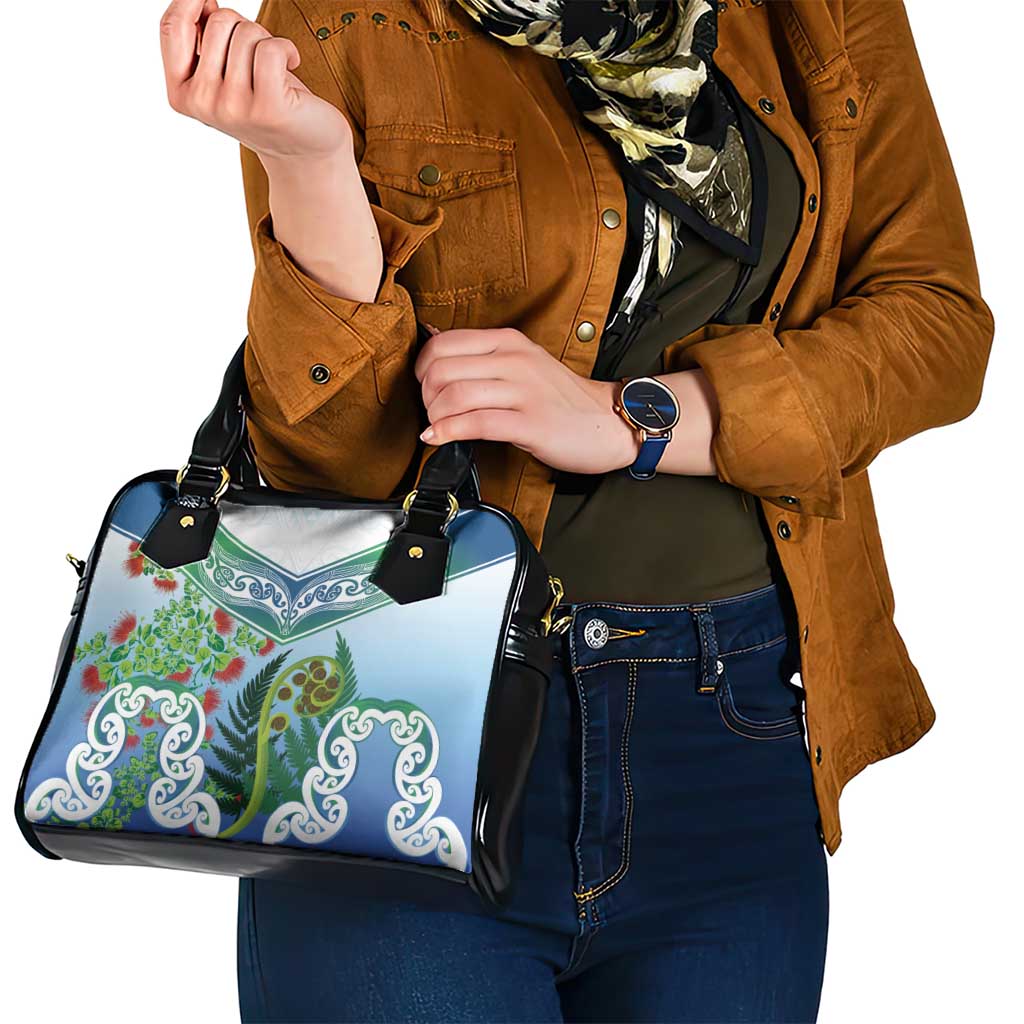 Aotearoa New Zealand Natural Plants Shoulder Handbag Pohutukawa with Silver Ferns Koru Frond Maori Tattoos
