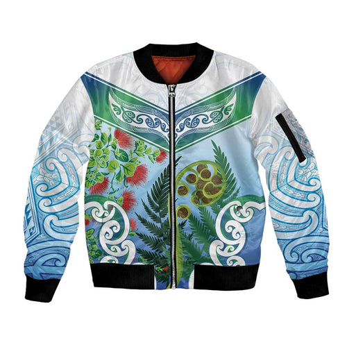 Aotearoa New Zealand Natural Plants Sleeve Zip Bomber Jacket Pohutukawa with Silver Ferns Koru Frond Maori Tattoos