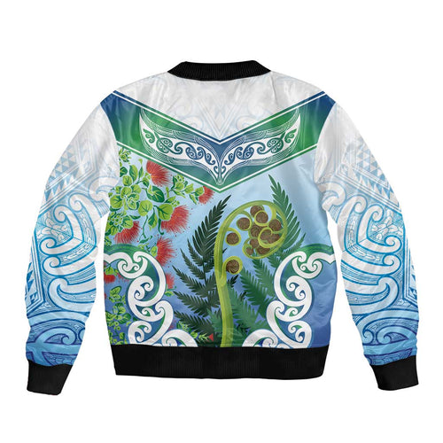 Aotearoa New Zealand Natural Plants Sleeve Zip Bomber Jacket Pohutukawa with Silver Ferns Koru Frond Maori Tattoos