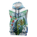 Aotearoa New Zealand Natural Plants Sleeveless Hoodie Pohutukawa with Silver Ferns Koru Frond Maori Tattoos