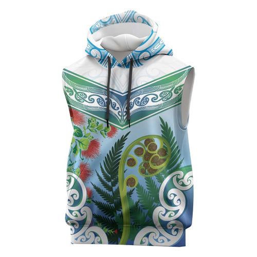 Aotearoa New Zealand Natural Plants Sleeveless Hoodie Pohutukawa with Silver Ferns Koru Frond Maori Tattoos