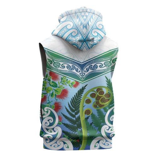 Aotearoa New Zealand Natural Plants Sleeveless Hoodie Pohutukawa with Silver Ferns Koru Frond Maori Tattoos