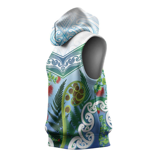 Aotearoa New Zealand Natural Plants Sleeveless Hoodie Pohutukawa with Silver Ferns Koru Frond Maori Tattoos