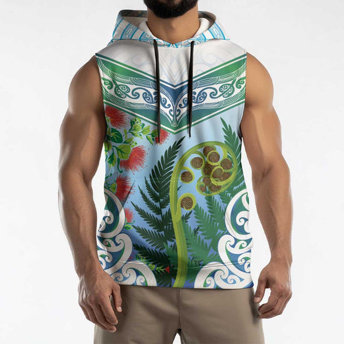 Aotearoa New Zealand Natural Plants Sleeveless Hoodie Pohutukawa with Silver Ferns Koru Frond Maori Tattoos
