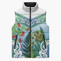 Aotearoa New Zealand Natural Plants Sleeveless Puffer Jacket Pohutukawa with Silver Ferns Koru Frond Maori Tattoos