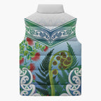 Aotearoa New Zealand Natural Plants Sleeveless Puffer Jacket Pohutukawa with Silver Ferns Koru Frond Maori Tattoos