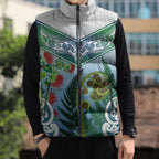 Aotearoa New Zealand Natural Plants Sleeveless Puffer Jacket Pohutukawa with Silver Ferns Koru Frond Maori Tattoos