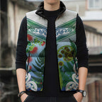 Aotearoa New Zealand Natural Plants Sleeveless Puffer Jacket Pohutukawa with Silver Ferns Koru Frond Maori Tattoos