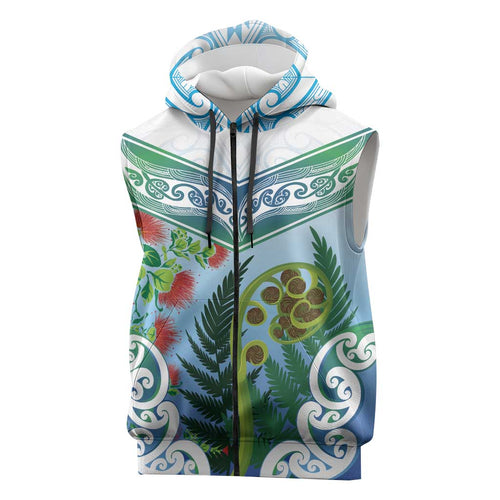 Aotearoa New Zealand Natural Plants Sleeveless Zip Hoodie Pohutukawa with Silver Ferns Koru Frond Maori Tattoos