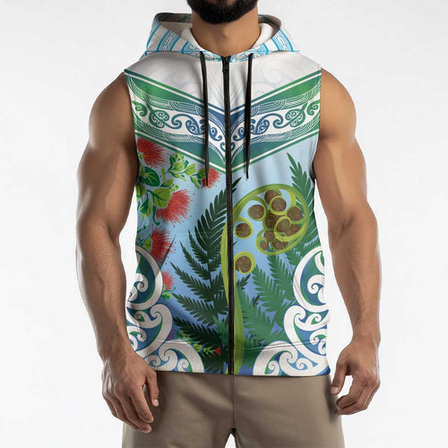 Aotearoa New Zealand Natural Plants Sleeveless Zip Hoodie Pohutukawa with Silver Ferns Koru Frond Maori Tattoos