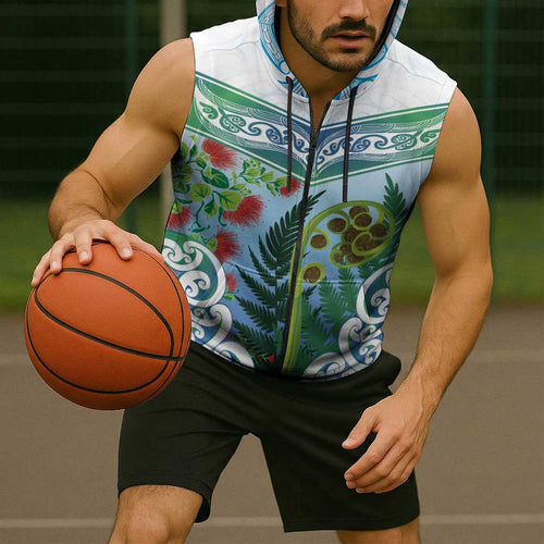 Aotearoa New Zealand Natural Plants Sleeveless Zip Hoodie Pohutukawa with Silver Ferns Koru Frond Maori Tattoos