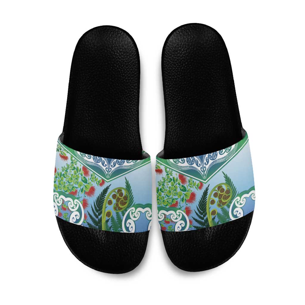Aotearoa New Zealand Natural Plants Slide Sandals Pohutukawa with Silver Ferns Koru Frond Maori Tattoos