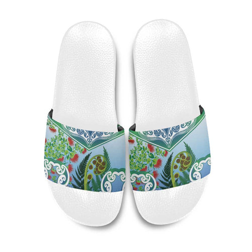 Aotearoa New Zealand Natural Plants Slide Sandals Pohutukawa with Silver Ferns Koru Frond Maori Tattoos