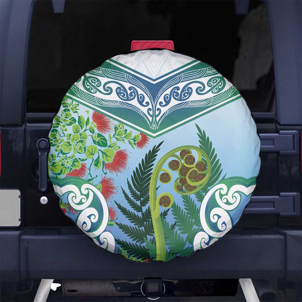 Aotearoa New Zealand Natural Plants Spare Tire Cover Pohutukawa with Silver Ferns Koru Frond Maori Tattoos