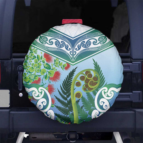 Aotearoa New Zealand Natural Plants Spare Tire Cover Pohutukawa with Silver Ferns Koru Frond Maori Tattoos