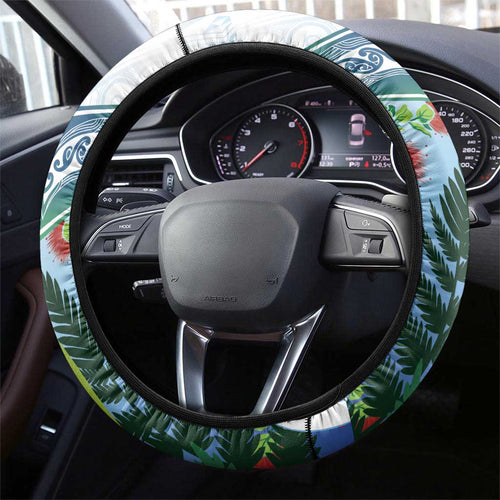 Aotearoa New Zealand Natural Plants Steering Wheel Cover Pohutukawa with Silver Ferns Koru Frond Maori Tattoos
