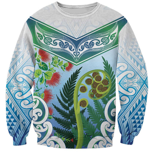 Aotearoa New Zealand Natural Plants Sweatshirt Pohutukawa with Silver Ferns Koru Frond Maori Tattoos
