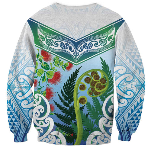 Aotearoa New Zealand Natural Plants Sweatshirt Pohutukawa with Silver Ferns Koru Frond Maori Tattoos