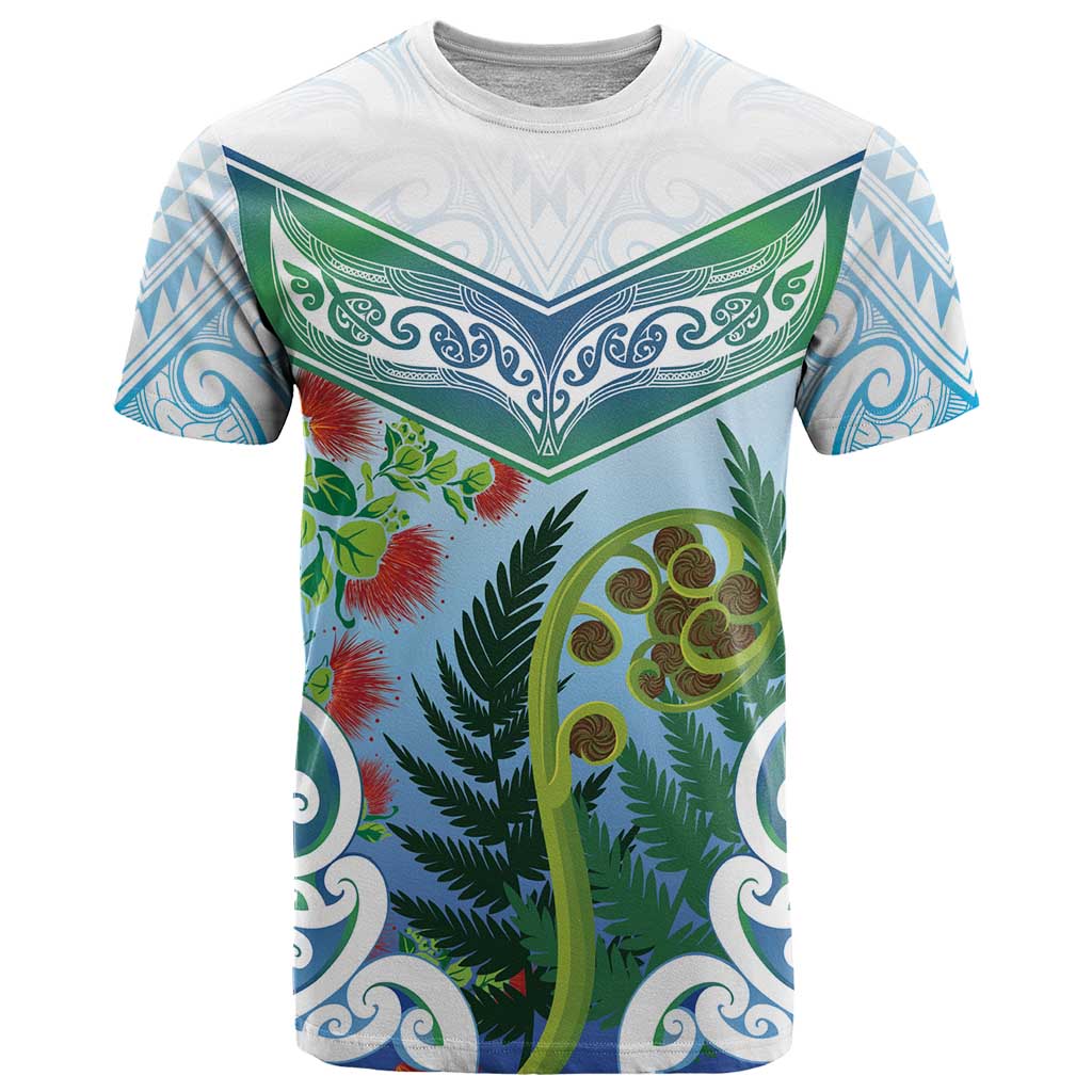Aotearoa New Zealand Natural Plants T Shirt Pohutukawa with Silver Ferns Koru Frond Maori Tattoos