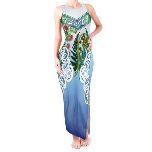Aotearoa New Zealand Natural Plants Tank Maxi Dress Pohutukawa with Silver Ferns Koru Frond Maori Tattoos