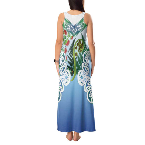 Aotearoa New Zealand Natural Plants Tank Maxi Dress Pohutukawa with Silver Ferns Koru Frond Maori Tattoos
