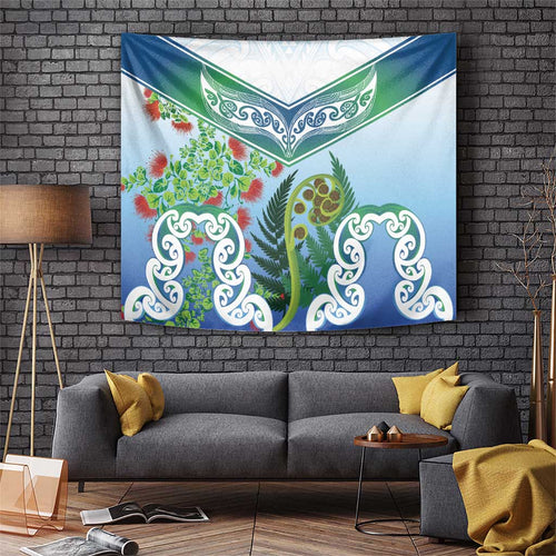 Aotearoa New Zealand Natural Plants Tapestry Pohutukawa with Silver Ferns Koru Frond Maori Tattoos