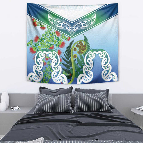 Aotearoa New Zealand Natural Plants Tapestry Pohutukawa with Silver Ferns Koru Frond Maori Tattoos