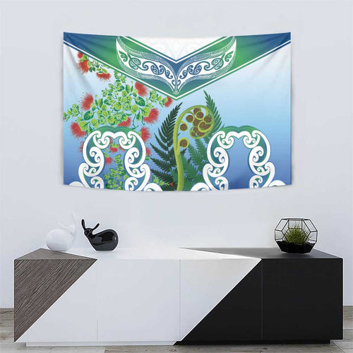 Aotearoa New Zealand Natural Plants Tapestry Pohutukawa with Silver Ferns Koru Frond Maori Tattoos