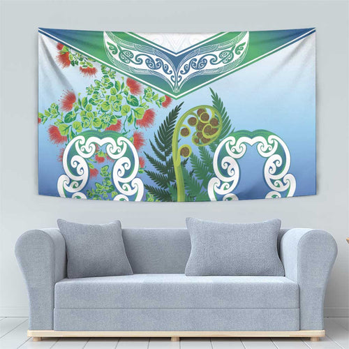Aotearoa New Zealand Natural Plants Tapestry Pohutukawa with Silver Ferns Koru Frond Maori Tattoos