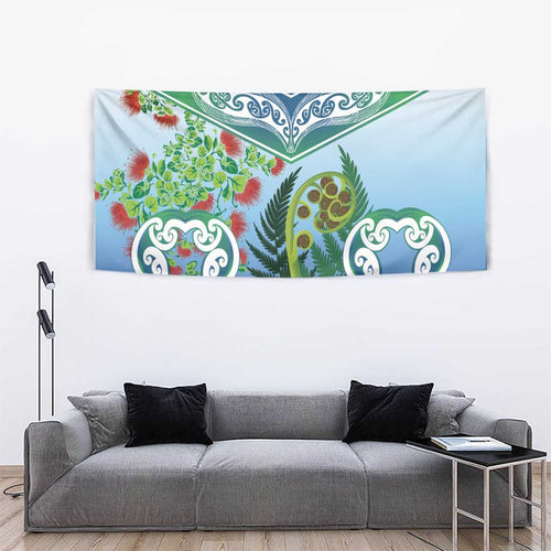 Aotearoa New Zealand Natural Plants Tapestry Pohutukawa with Silver Ferns Koru Frond Maori Tattoos