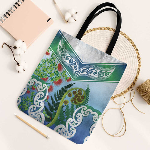 Aotearoa New Zealand Natural Plants Tote Bag Pohutukawa with Silver Ferns Koru Frond Maori Tattoos