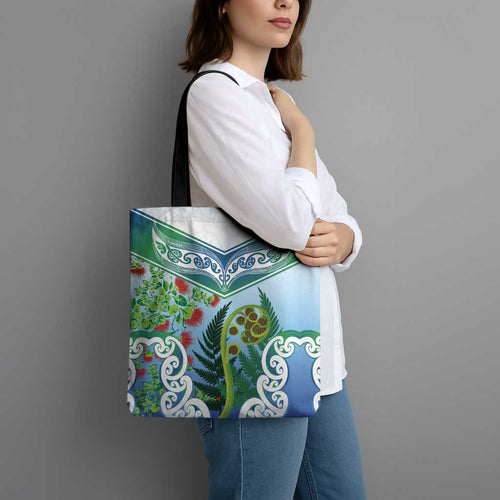 Aotearoa New Zealand Natural Plants Tote Bag Pohutukawa with Silver Ferns Koru Frond Maori Tattoos
