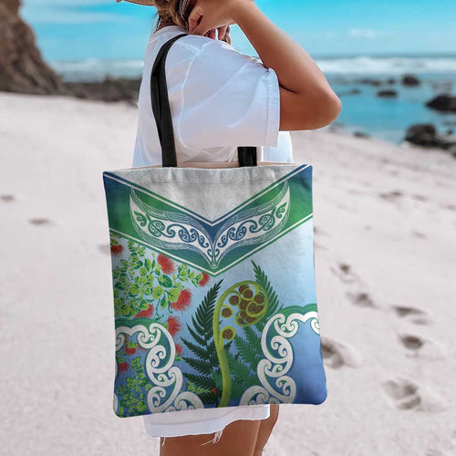 Aotearoa New Zealand Natural Plants Tote Bag Pohutukawa with Silver Ferns Koru Frond Maori Tattoos