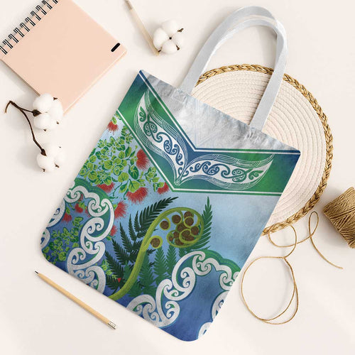 Aotearoa New Zealand Natural Plants Tote Bag Pohutukawa with Silver Ferns Koru Frond Maori Tattoos