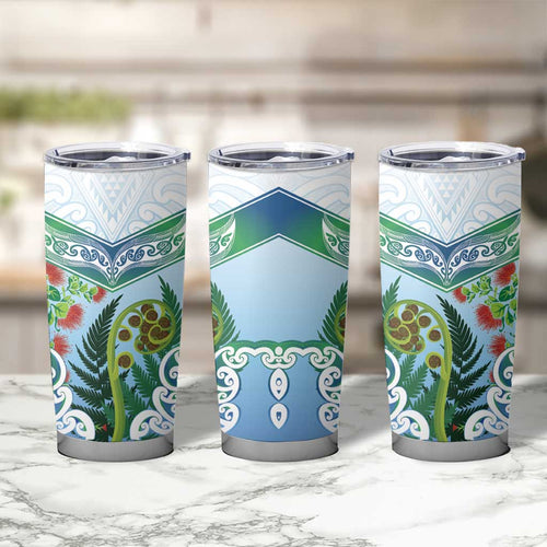 Aotearoa New Zealand Natural Plants Tumbler Cup Pohutukawa with Silver Ferns Koru Frond Maori Tattoos