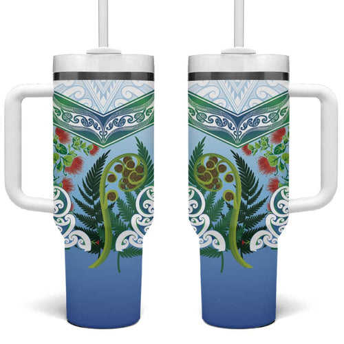 Aotearoa New Zealand Natural Plants Tumbler With Handle Pohutukawa with Silver Ferns Koru Frond Maori Tattoos