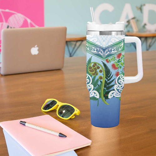 Aotearoa New Zealand Natural Plants Tumbler With Handle Pohutukawa with Silver Ferns Koru Frond Maori Tattoos