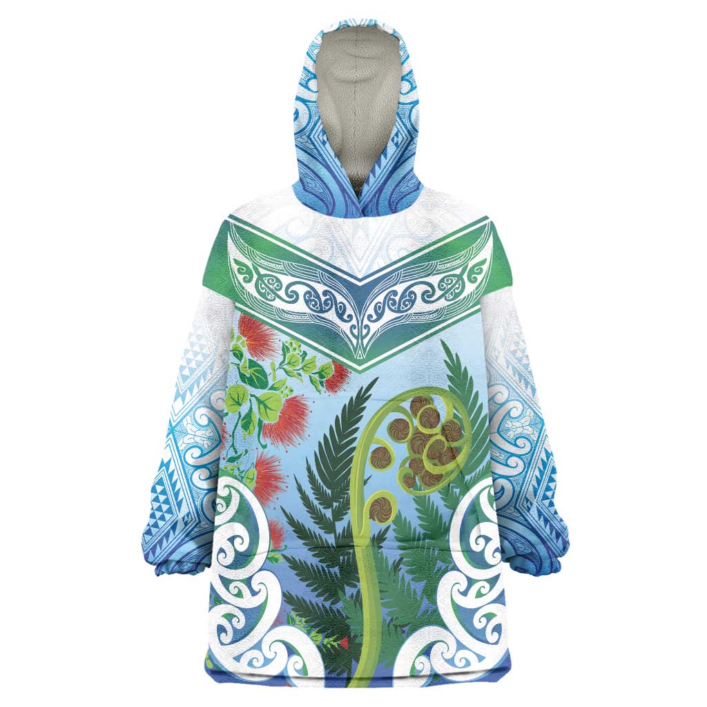 Aotearoa New Zealand Natural Plants Wearable Blanket Hoodie Pohutukawa with Silver Ferns Koru Frond Maori Tattoos