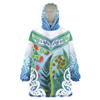 Aotearoa New Zealand Natural Plants Wearable Blanket Hoodie Pohutukawa with Silver Ferns Koru Frond Maori Tattoos