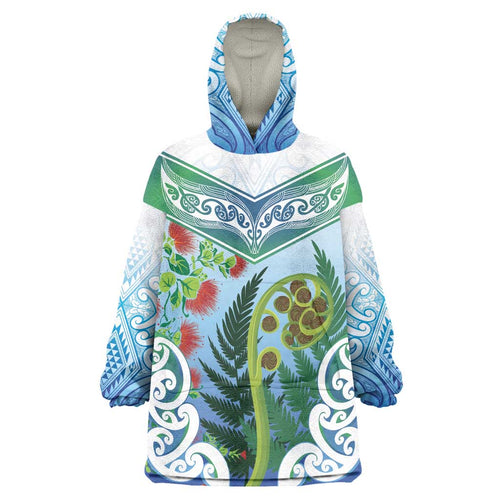Aotearoa New Zealand Natural Plants Wearable Blanket Hoodie Pohutukawa with Silver Ferns Koru Frond Maori Tattoos