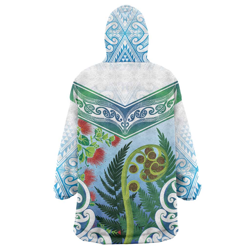 Aotearoa New Zealand Natural Plants Wearable Blanket Hoodie Pohutukawa with Silver Ferns Koru Frond Maori Tattoos