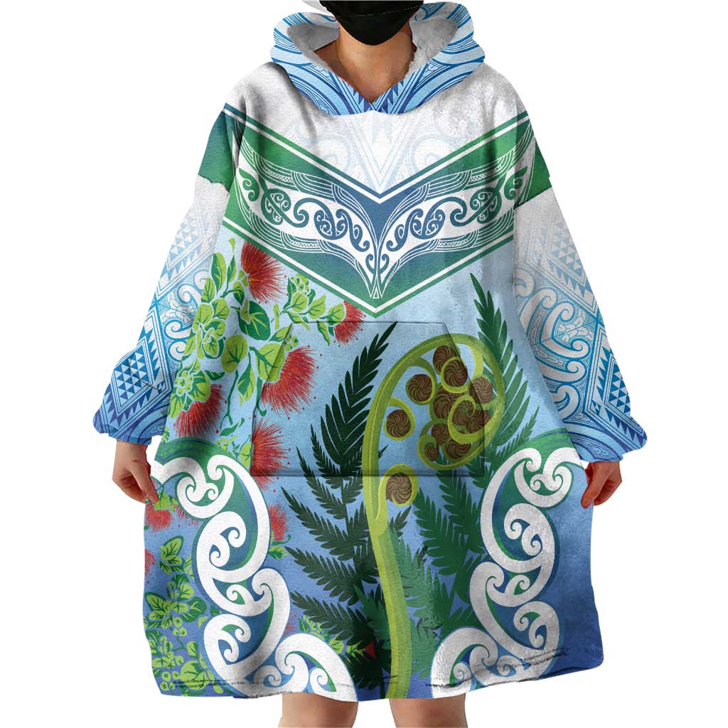 Aotearoa New Zealand Natural Plants Wearable Blanket Hoodie Pohutukawa with Silver Ferns Koru Frond Maori Tattoos