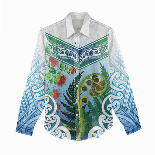 Aotearoa New Zealand Natural Plants Women Casual Shirt Pohutukawa with Silver Ferns Koru Frond Maori Tattoos