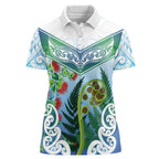 Aotearoa New Zealand Natural Plants Women Polo Shirt Pohutukawa with Silver Ferns Koru Frond Maori Tattoos